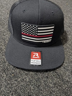 Richardson Black Flat Bill Snapback Trucker Hat Mesh Back USA Flag Patch OS