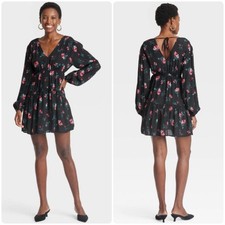 NEW A New Day Floral Balloon Sleeve Ruffle Hem Dress Black Pink Size M
