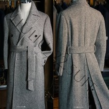 Gray Herringbone Men's Overcoat With Belt Double Breasted Vintage Long Jackets