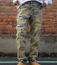 Men's Skinny Retro Blue Denim Jeans Printed Pants Trousers Punk Hip Hop Ripped