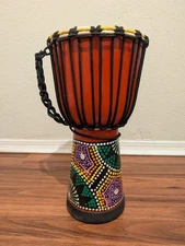 Hand Painted West African rich mahogany Goatskin Drum