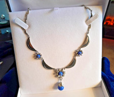 NECKLACE LOVELY VINTAGE 1939 DECO MACHINE AGE BLUE ENAMEL GLASS BEAD NECKLACE