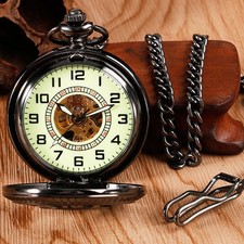 Steampunk Mechanical Pocket Watch Black Skeleton Case Luminous Arabic Dial Chain