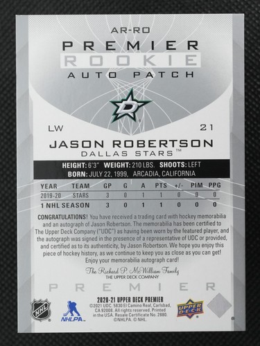 2020-21 UD Premier - Jason Robertson - Premier Rookie Auto Patch - Picture 2 of 2