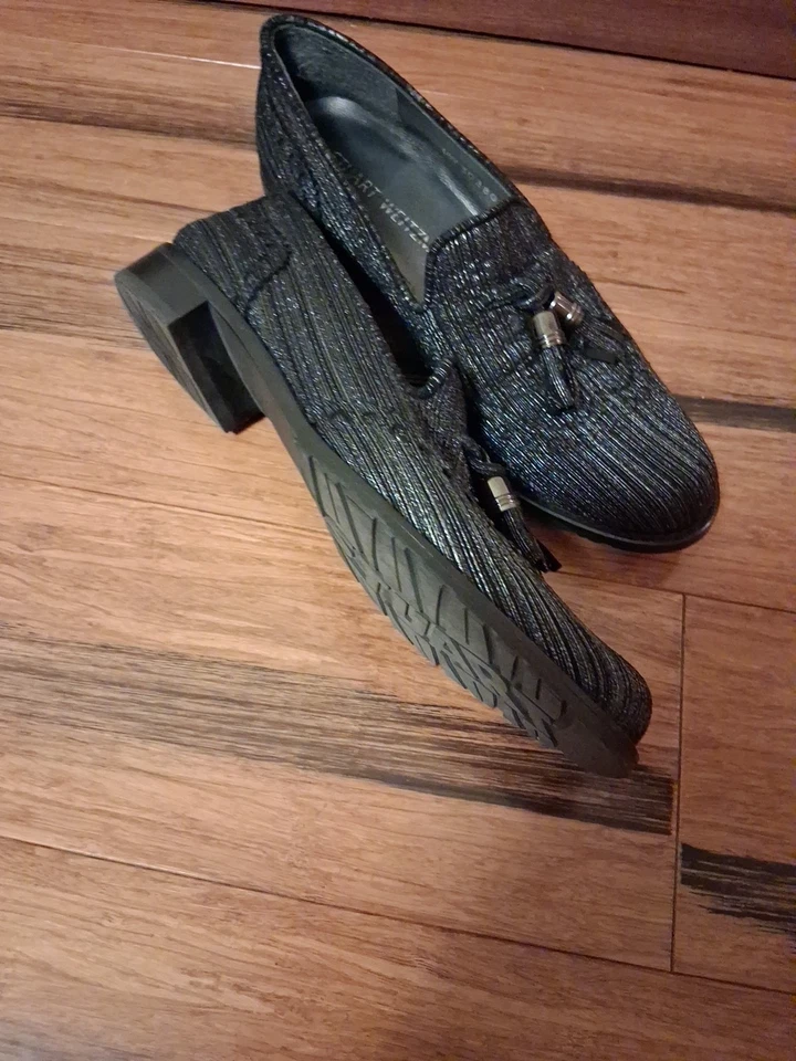 Stuart Weitzman Black Silver Fabric Tassel Detail Slip On Loafers Size 5. 5 - Image 4 of 4