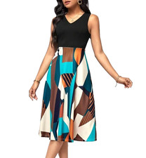 EMERY ROSE Sz S Black Geo Print A-Line Midi Dress Sleeveless V-Neck NWT
