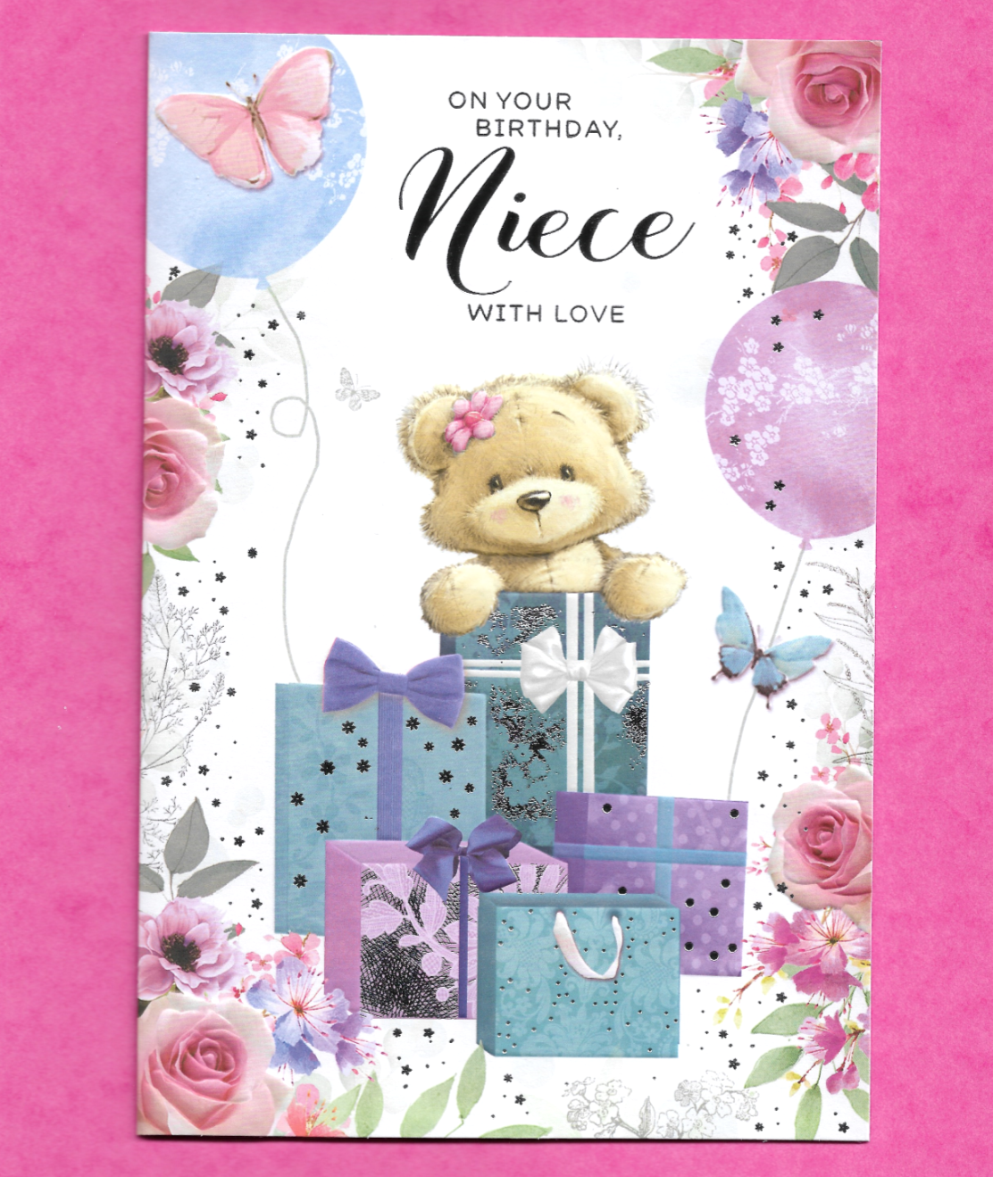 Niece Birthday Card 9""x6"" Cute Teddy Bear Balloons Butterflies Present
