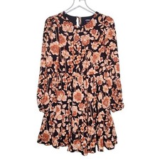 Express Floral Babydoll Dress Long Sleeve Black Orange Mini Tiered Cottage Boho