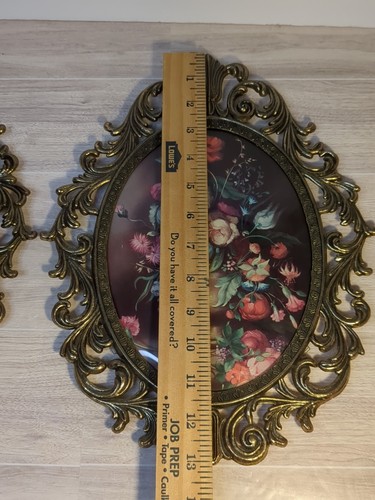 Juego de impresiones de flores vintage de latón ornamentado ovalado convexo enmarcado 10x13" - Imagen 9 de 11