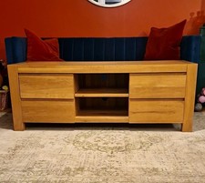 Light Solid Oak Wood TV Stand, Freestanding, 4 Drawers, Open Shelf, 40–60 in TV.