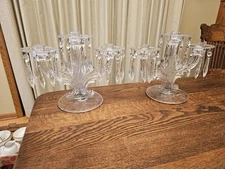 Pair Of Vintage Fostoria Baroque Crystal  Candle Holder Bobeches 24 Prisms Each