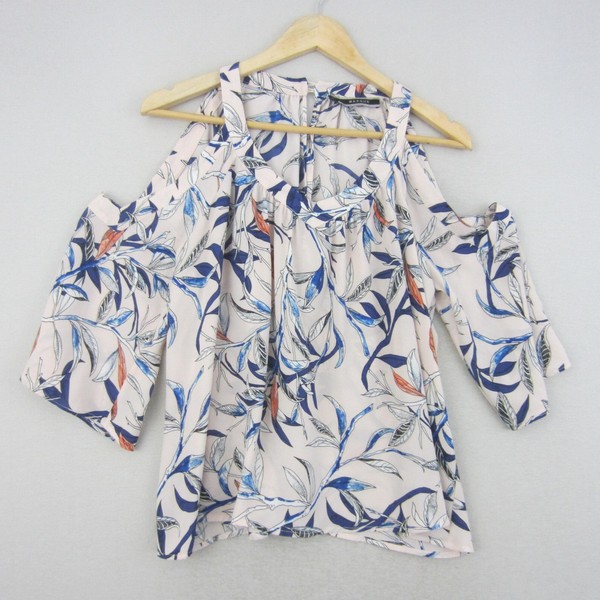 Basque Top Womens 10 Beige Blue Floral Cold Shoulder Flowy Blouse Coastal Work