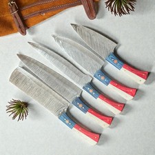 Chef Set 5 Pcs  Damascus Steel  Pakka Wood  Flag  Leather Sheath  D1150