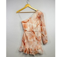 EXPRESS One Shoulder Ruched Mini Wrap Dress Romper Women S Orange White Metallic