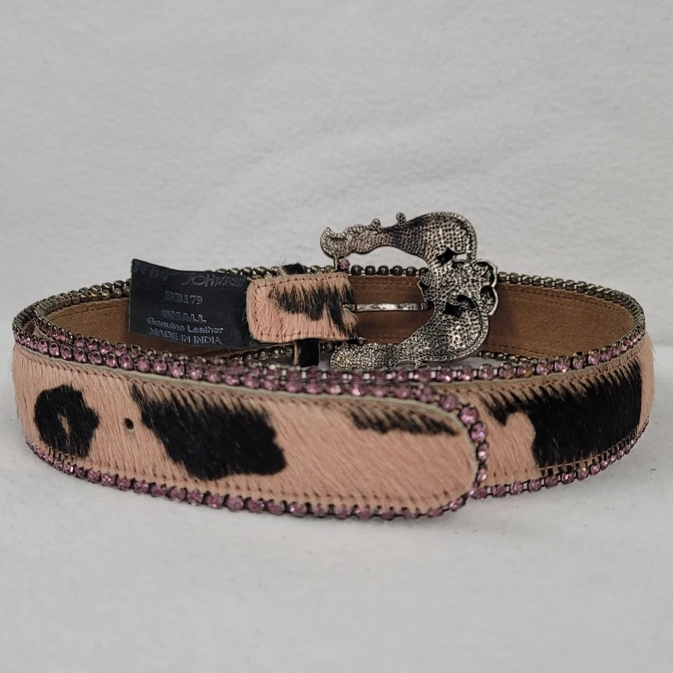 Betsey Johnson Pink/Black Leather Cow Print Western Rhinestone Belt BB179 Small - Image 4 of 4