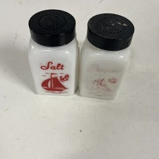 Vintage McKee Milk Glass Red Sailboat Roman Arch Deco Salt & Pepper Shaker Set
