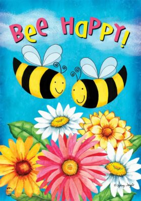 Erin's Garden House Flag  28'' x 40'' - Bee Happy Smiling Bees over Daisies 