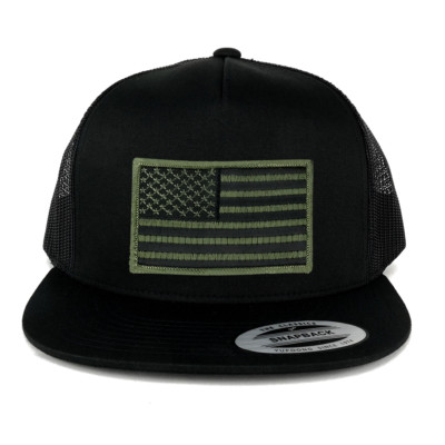 Oversize XXL Olive USA Flag Patch 5 Panel Flatbill Snapback Mesh Cap