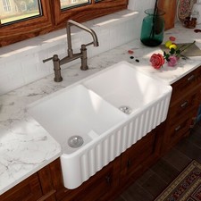 33" Fireclay Farmhouse Apron Kitchen Sink Double Bowl w/ Grid Strainer in White