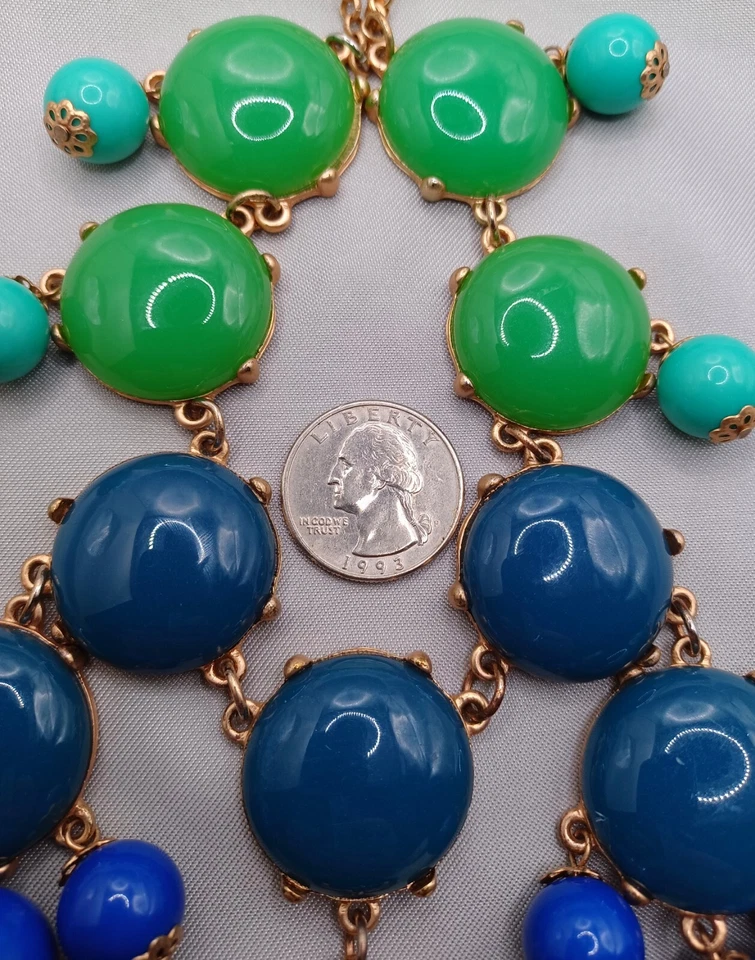 J. Crew Bib Necklace Gold Tone Green & Blue Cabochons, Turquoise Dangling Beads - Image 4 of 4