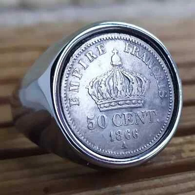 Bague Chevalière Véritable 50 Cents Argent Napoléon III Côté Couronne - Photo 1/4