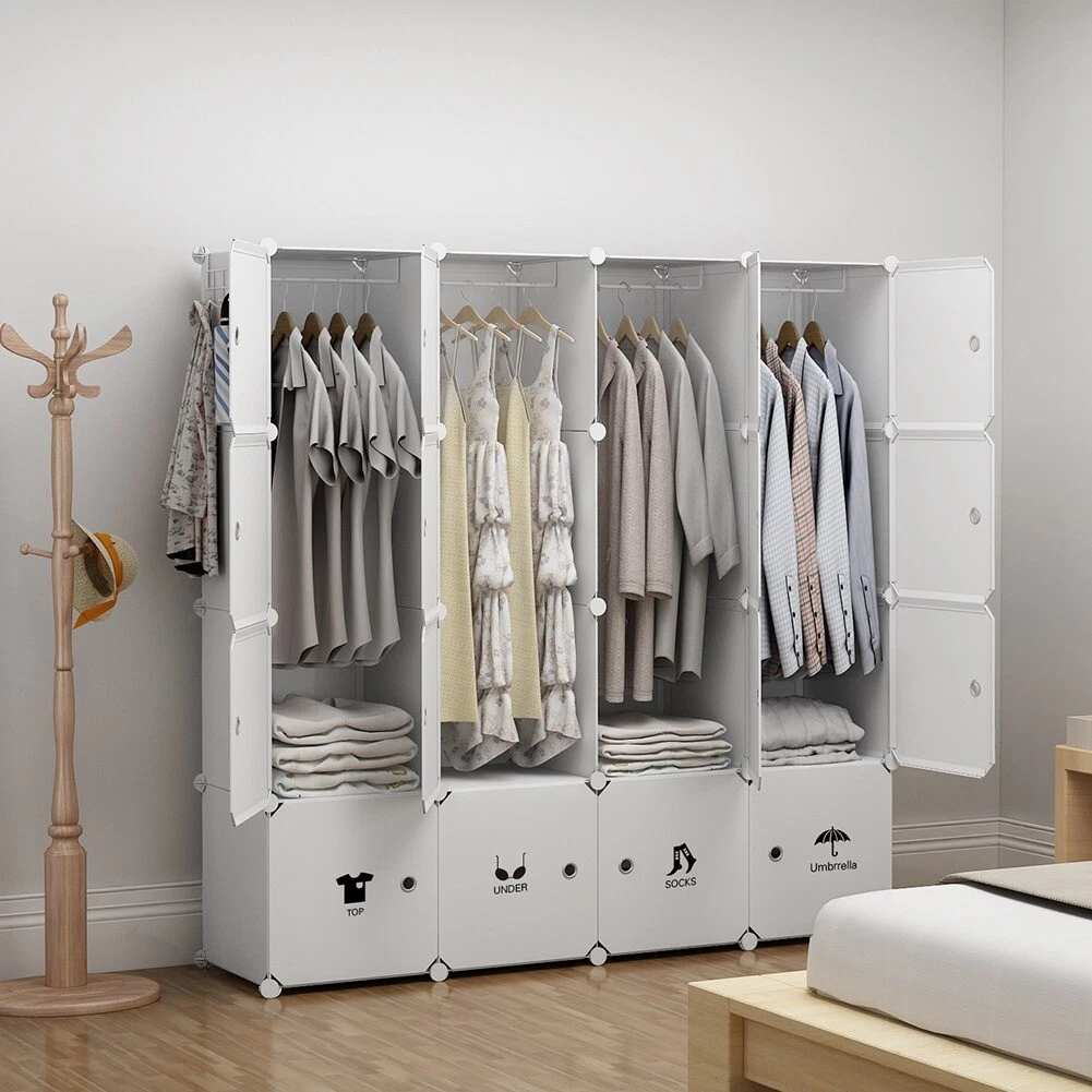 Portable Wardrobe Plastic Modular Closet Organizer, White, 4x4