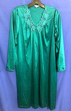 VTG VANITY FAIR Silky Nylon LACE NECKLINE Button-Up Robe EMERALD GREEN sz S