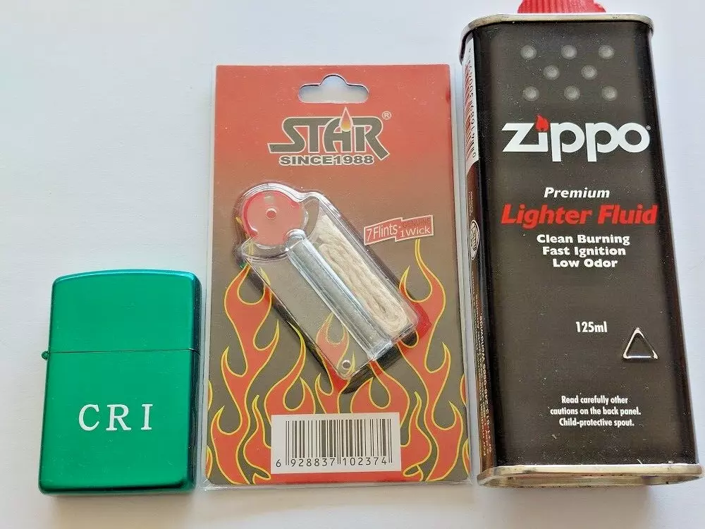 Green Oil Lighter + flint kit with wick Cigarette Lighter Refill Fluid 125ml - Picture 1 of 2