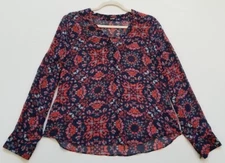 a.n.a Blouse Women’s Medium M Blue Gray Red Abstract Ikat Long Sleeve V Neck Top