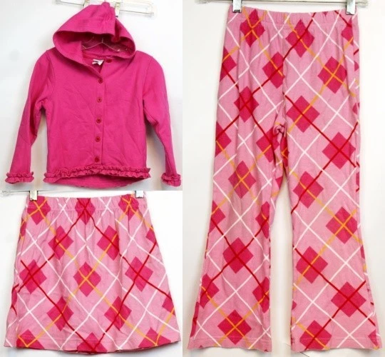 Kelly's Kids 3pc girls Outfit Set Pink Argyle Jacket Skirt Pants sz M 7/8 Play
