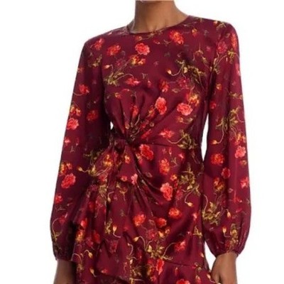 Cinq a Sept Burgundy Alice Floral Ruffle Mini Dress Long Sleeve Red 4 NWOT