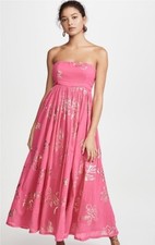 Free People Dress Baja Babe Midi Pink Metallic Floral Strapless Back Tie M