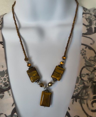 Artisan Polished Tiger's Eye Jasper Stone Necklace Pendant Beaded Y drop