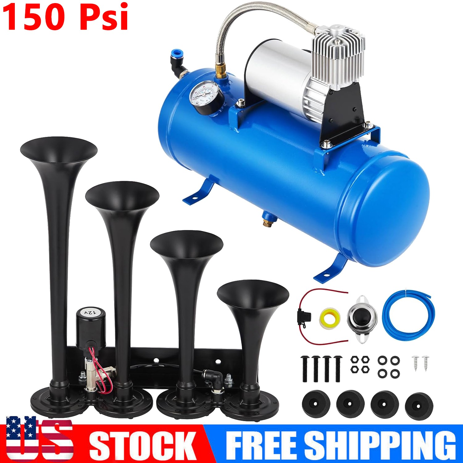 Air Horn Truck Train Horns Kit 12V w/6L Air Compressor 4 Trumpets 150db 150PSI