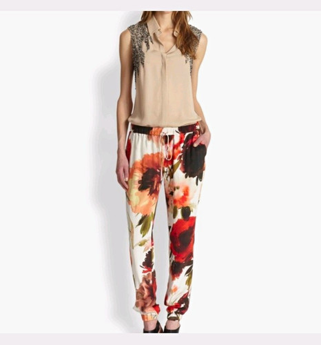 Haute Hippie 100% Silk Floral Print Drawstring Jogger Pants Size Large NWOT