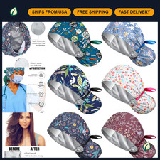 Retro Style Satin Lined Scrub Cap for Women with Buttons and Ponytail Opening