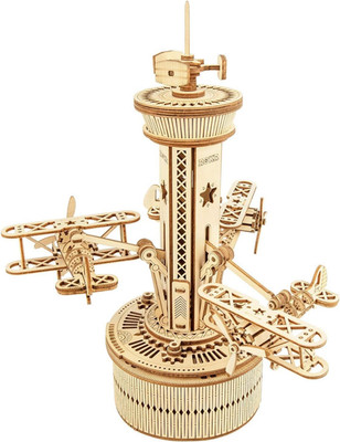 3D Wooden Puzzle Airplane Tower Music Box - DIY Mechanical Model Kit 10''