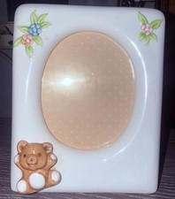 Vintage Handmade Ceramic Teddy Bear Picture Frame, White Beige