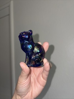 Vintage Mosser Oil Slick Cobalt Blue Glass Cat Figurine Paperweight Purple