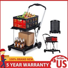 2-Tier Collapsible Shopping Cart ,Folding Utility Cart Portable Trolley w/Wheels
