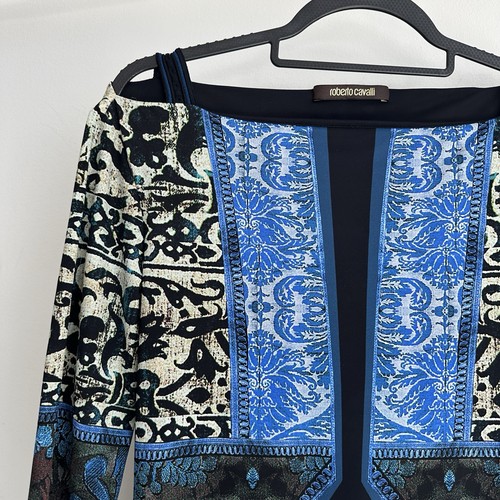 Roberto Cavalli Dress 6 IT44 Blue Black Baroque Loud Money Glam Y2K Maximalist - Picture 6 of 14