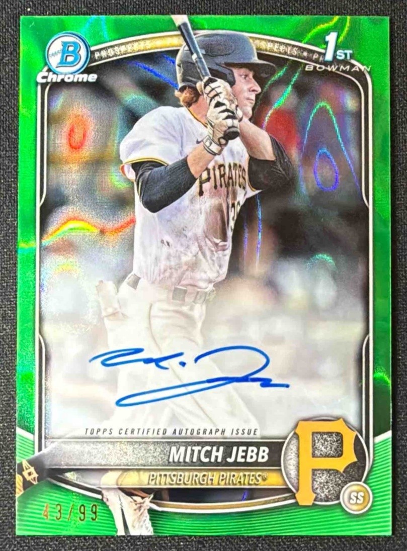 2025 Bowman Mitch Jebb Chrome Auto Green Lava Refractor /99 1st Prospect Pirates