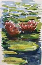 Enrique Zaldivar, Original Watercolor Painting, Water Lilies, Impressionism