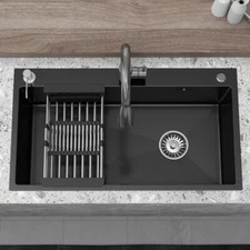 28"/30"/32" Drop In Kitchen Sink Stainless Steel Single Bowl Top Mount Black