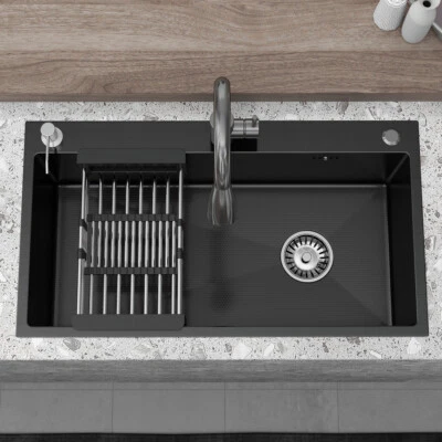 28"/30"/32" Drop In Kitchen Sink Stainless Steel Single Bowl Top Mount Black