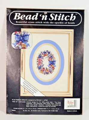 New Bead 'n Stitch Blue Ribbon Wreath Bead Counted Cross Stitch Kit JCA Inc