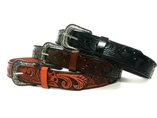  WESTERN LEATHER BELT. COWBOY RODEO CASUAL LEATHER BELT FLORAL EMBOSSED