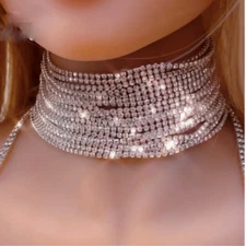 Rhinestone Choker Necklace Strand Wide 15 Row Bib Crystal Collar STUNNING GLAM