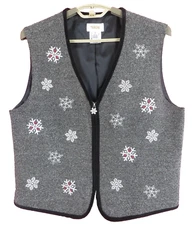 TALBOTS Women Rayon Cotton Poly Zip Vest Embroidered Snow Flakes Multicolor M