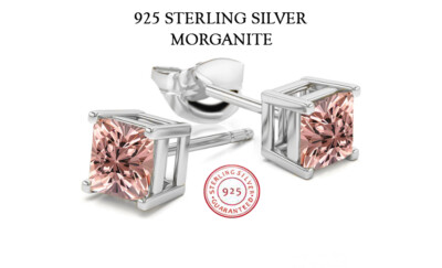 925 Sterling Silver Princess Cut Morganite Cubic Zirconia Stud Earrings Women's